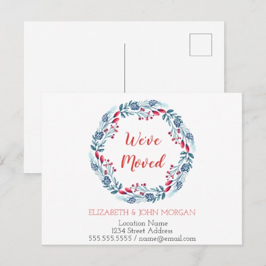 We hebben ons verplaatst, vakantieblauw, nieuw adr aankondigingskaart (Voorkant / Achterkant)