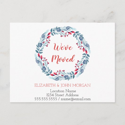 We hebben ons verplaatst, vakantieblauw, nieuw adr aankondigingskaart (Voorkant)