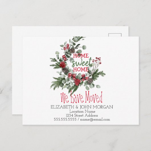 We hebben ons verplaatst, Waterverf Wreath, Home S Aankondigingskaart (Voorkant / Achterkant)