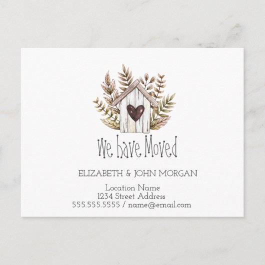 We hebben ons verplaatst, Wooden House, New Addres Aankondigingskaart (Voorkant)