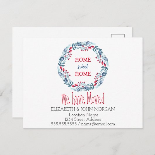 We hebben ons verplaatst, Wreath,Home Sweet Home Aankondigingskaart (Voorkant / Achterkant)