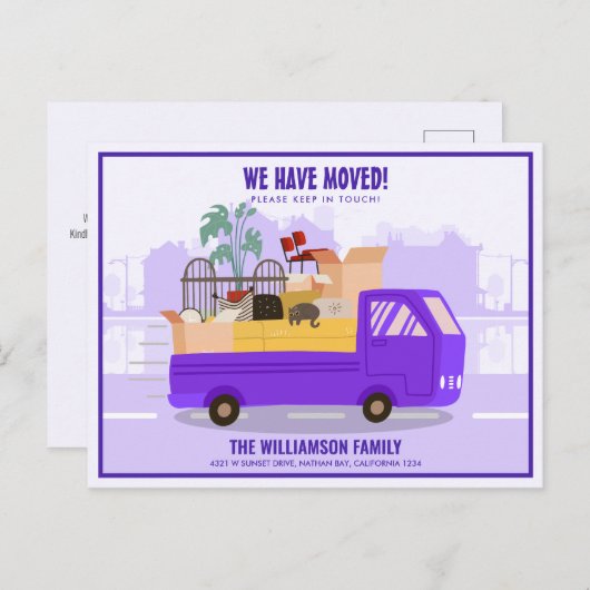 We hebben Paarse vrachtwagen op de weg verplaatsen Aankondigingskaart (Voorkant / Achterkant)