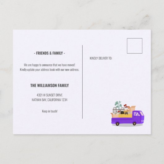 We hebben Paarse vrachtwagen op de weg verplaatsen Aankondigingskaart (Achterkant)