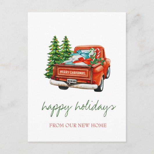 We hebben Red Truck Pine Trees verplaatst, Holiday Aankondigingskaart (Voorkant)