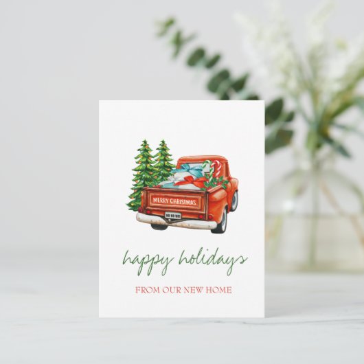We hebben Red Truck Pine Trees verplaatst, Holiday Aankondigingskaart (Staand voorkant)