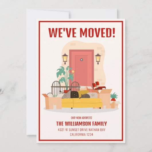 We hebben rode voordeur verplaatst schattig bewege aankondiging (Voorkant)