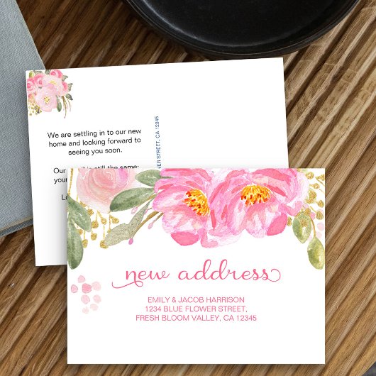 We hebben Roze Waterverf Bloemen nieuw adres verpl Aankondigingskaart