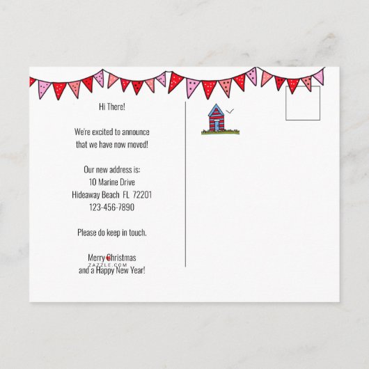 We hebben Schattige Custom Beach House verplaatst Aankondigingskaart (Achterkant)