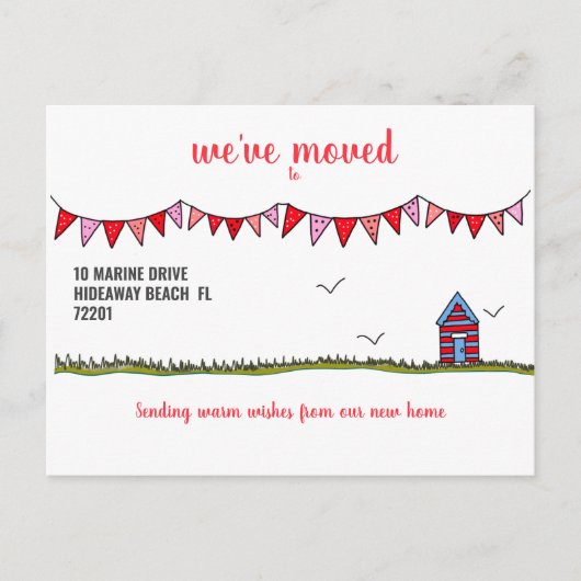 We hebben Schattige Custom Beach House verplaatst Aankondigingskaart (Voorkant)