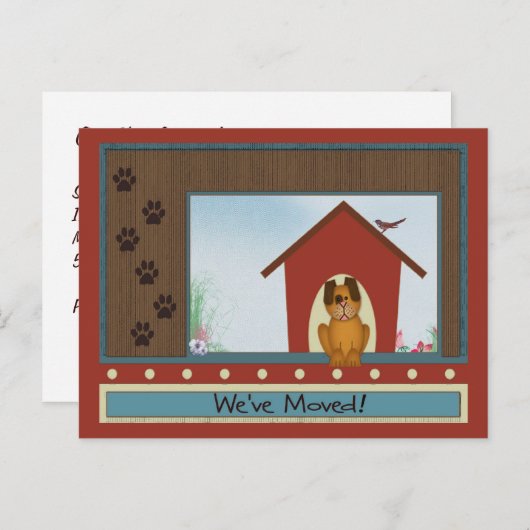 We hebben Schattigee hondenhok verplaatst met Paw  Aankondigingskaart (Voorkant / Achterkant)
