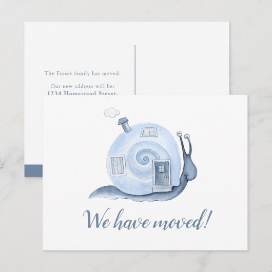 We hebben slakkenhuis verhuisd naar huis blauw aankondigingskaart (Voorkant / Achterkant)