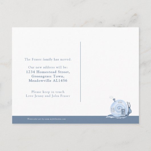 We hebben slakkenhuis verhuisd naar huis blauw aankondigingskaart (Achterkant)