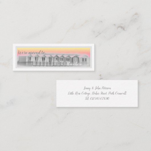 We hebben strandhut verplaatst, zeeweg bij zonsond mini visitekaartje (Voorkant / Achterkant)