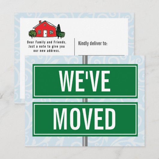 We hebben Street Sign Modern New Address Moving ve Aankondigingskaart (Voorkant / Achterkant)