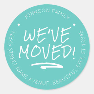 We hebben Turquoise Handwrited New Address verplaa Ronde Sticker