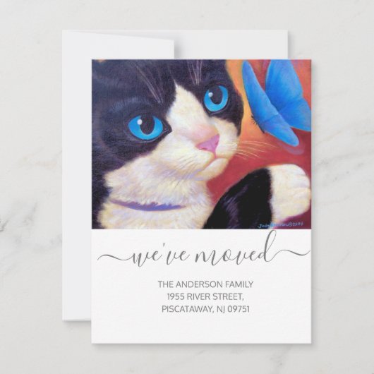 We hebben Tuxedo Cat Pet New Address Script Text v Aankondiging (Voorkant)