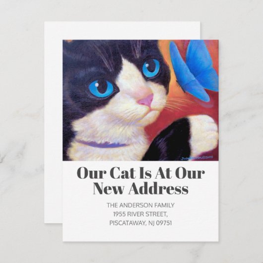 We hebben Tuxedo Cat Pet New Home Script Text verp Aankondiging (Voorkant / Achterkant)