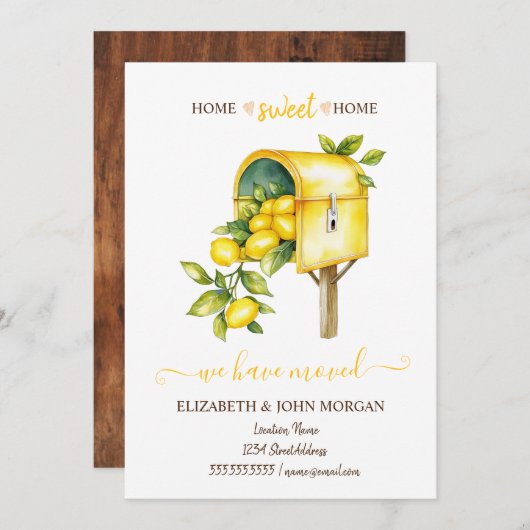 We hebben verhuisd,  brievenbus citroenen, hout (Voorkant / Achterkant)