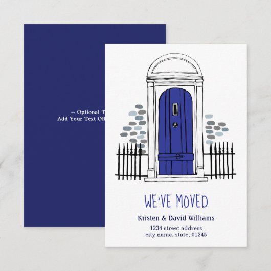 We hebben verhuisd - Navy Blue Door Moving Aankond Aankondiging (Voorkant / Achterkant)