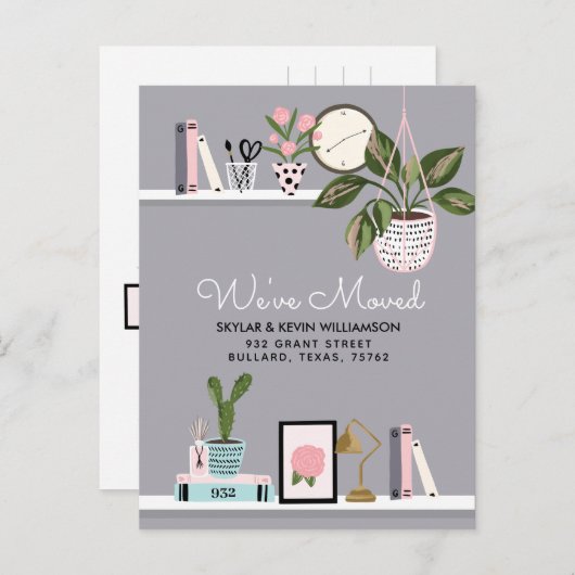 We hebben verhuisd - New Address Wall Shelf Decor  Aankondigingskaart (Voorkant / Achterkant)