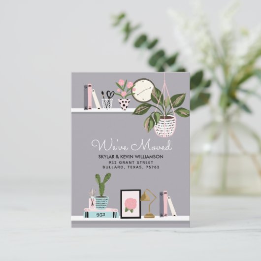 We hebben verhuisd - New Address Wall Shelf Decor  Aankondigingskaart (Staand voorkant)