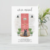 We hebben verhuisd nieuwe adres voorste rode deur  aankondiging (Staand voorkant)