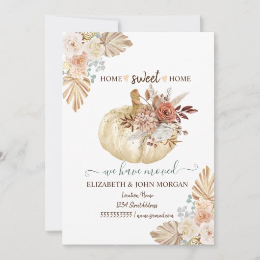 We hebben verhuisd, pompoen, herfst bloemen, hout (Voorkant)