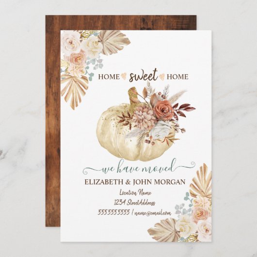 We hebben verhuisd, pompoen, herfst bloemen, hout (Voorkant / Achterkant)