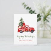 We hebben verhuisd, rode vrachtwagen, dennenboom k aankondigingskaart (Staand voorkant)