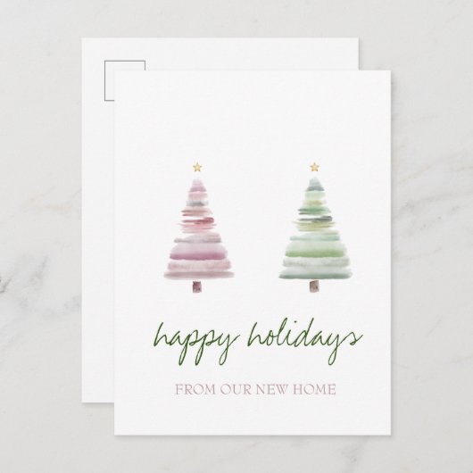 We hebben verhuisd, roze groene dennenboom vakanti aankondigingskaart (Voorkant / Achterkant)