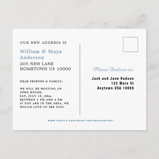 WE HEBBEN VERHUISD, Whimsical House on Wheels Open Uitnodiging Briefkaart (Achterkant)