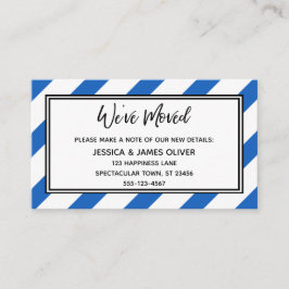 "We hebben verplaatst" Blauwe en witte diagonale s Visitekaartje