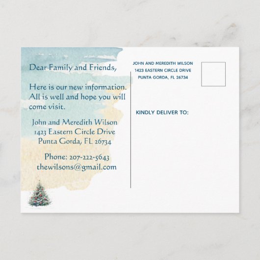 * We hebben verplaatst Budget Ocean Beach Kerstmis Aankondigingskaart (Achterkant)