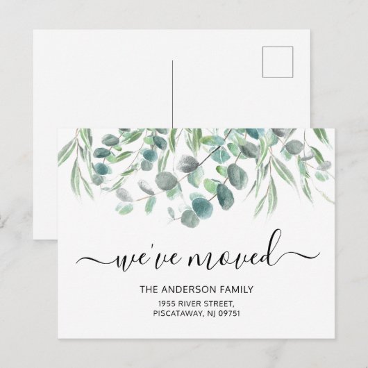 We hebben verplaatst Eucalyptus gebladerte Nieuwe  Aankondigingskaart (Voorkant / Achterkant)