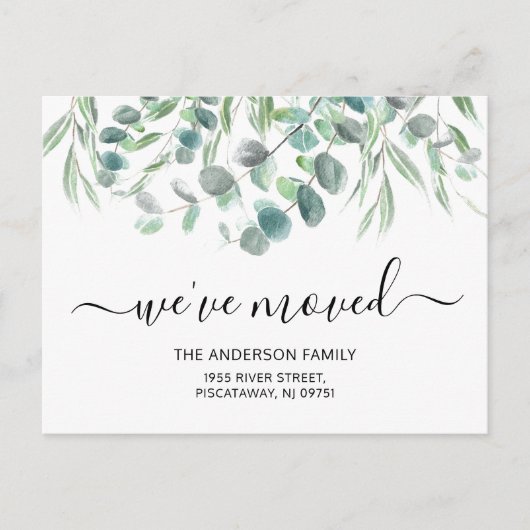 We hebben verplaatst Eucalyptus gebladerte Nieuwe  Aankondigingskaart (Voorkant)