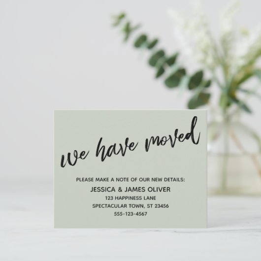 "We hebben verplaatst" Modern handschrift Sage Gre Kaart (Staand voorkant)