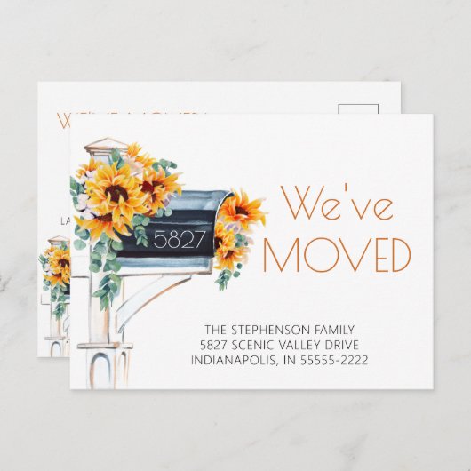 We hebben zonnebloemen Eucalyptus Mailbox verplaat Aankondigingskaart (Voorkant / Achterkant)