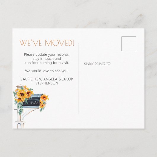 We hebben zonnebloemen Eucalyptus Mailbox verplaat Aankondigingskaart (Achterkant)