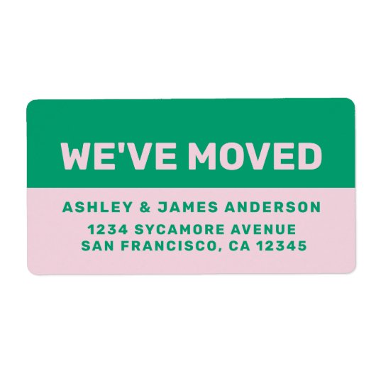 We hebben zwart groen roze nieuw adres verplaatst etiket (Voorkant)