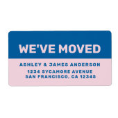 We hebben zwart roze blauw nieuw adres verplaatst etiket (Voorkant)