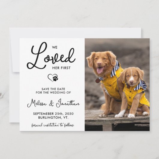 We hielden van haar eerste aangepaste fotoweddensc save the date (Voorkant)