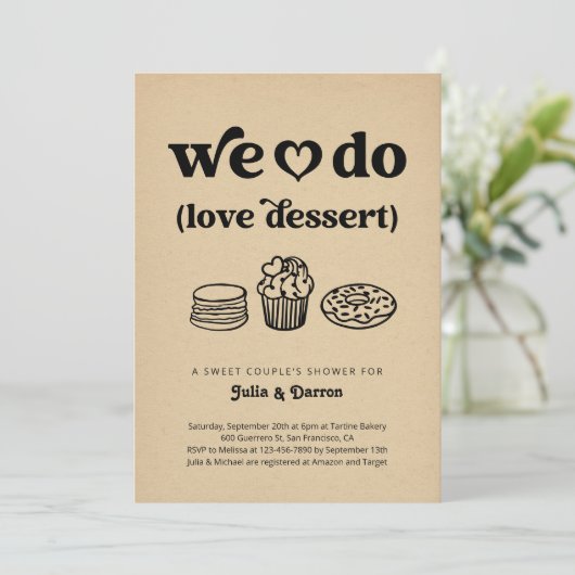 We houden van de huwelijksdouche van het dessertpa kaart (Staand voorkant)