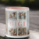 We houden van Gigi Photo Collage Mok<br><div class="desc">Een koffie-mok voor een speciale grootmoeder met een sjabloon van 6 foto's collage van de kinderen,  de woorden "we houden van je gigi" in een schattig roze gradiëntlettertype,  en de kinder namen.</div>
