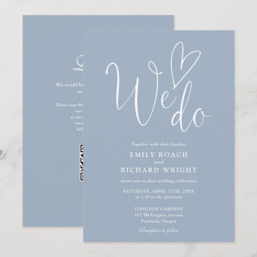 We houden van hart QR-code Dusty Blue Wedding Kaart (Voorkant / Achterkant)