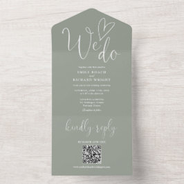 We houden van hart QR-code Sage Green Wedding All In One Uitnodiging