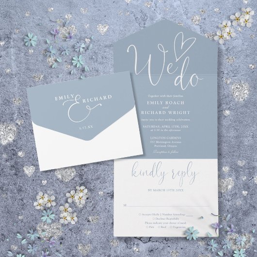 We houden van hartscript Dusty Blue Wedding All In One Uitnodiging