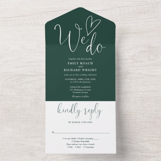 We houden van hartscript smaragdgroene bruiloft all in one uitnodiging (Binnen)
