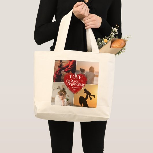 We houden van je mam Custom Moederdag 3 Foto Colla Grote Tote Bag (Voorkant (product))