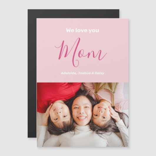 We houden van je mam roze minimalistische fotomagn (Voorkant / Achterkant)