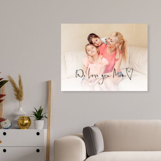 We houden van je mam Script Heart Photo Overlay Canvas Afdruk